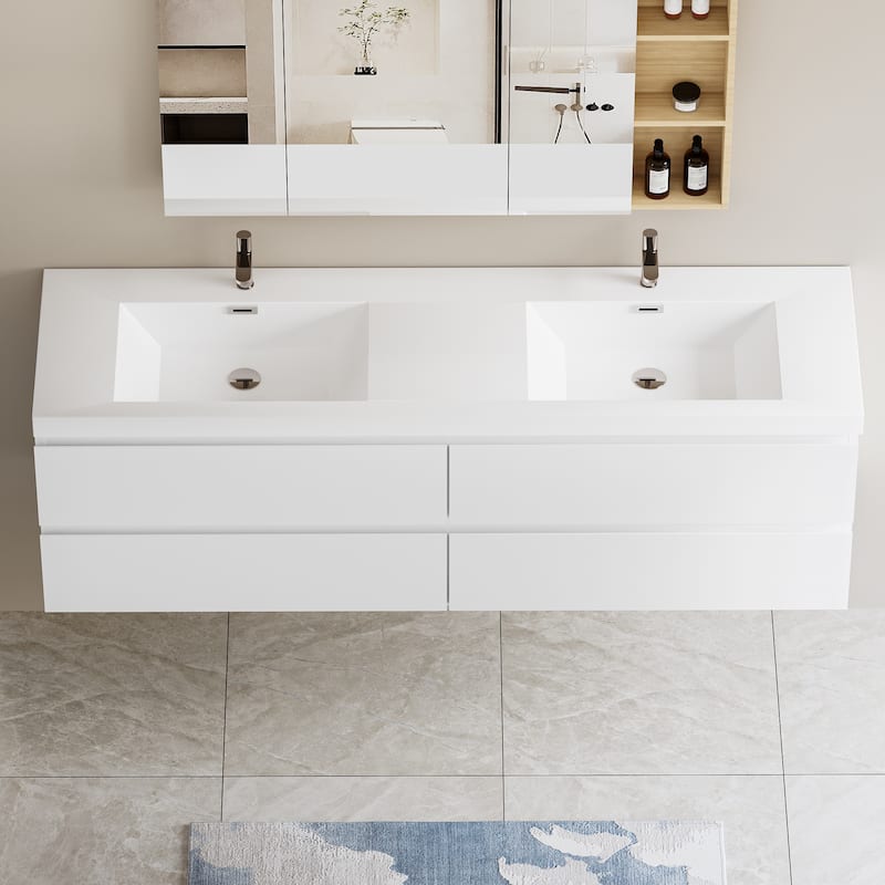 Wall 72" Floating Bathroom Vanity with Sink & and 4 Soft Close Drawers,White/Oak/Grey - 72 inch - White