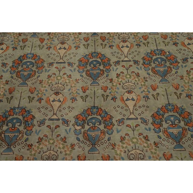 Hand Knotted Oriental 100% Wool Carpet Traditional Floral Green Tabriz Area Rug - 11' 0'' X 8' 1''