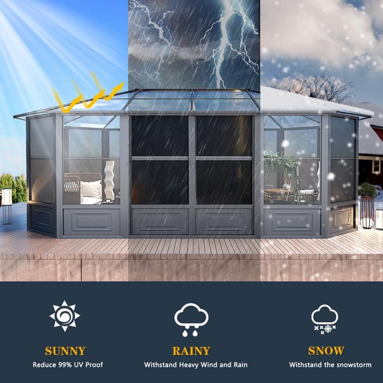 Erommy Outdoor Solarium Sunroom, Patio Hardtop Gazebo, Aluminum Frame Permanent Gazebo with Sliding Doors and Screens
