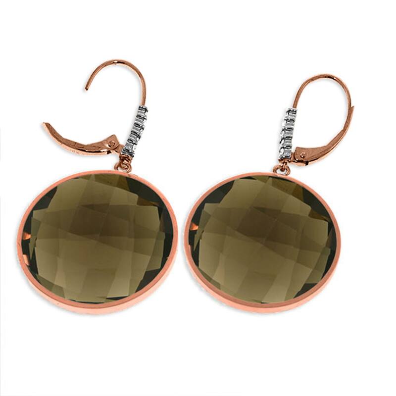 14K Solid Gold Diamonds Earrings w/ Checkerboard Cut Smoky Quartz