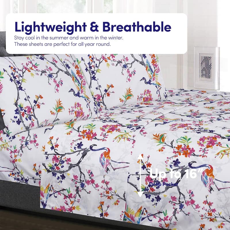 Sweet Home Collection Botanical 4 Piece Printed Sheet Set, Double Brushed Microfiber