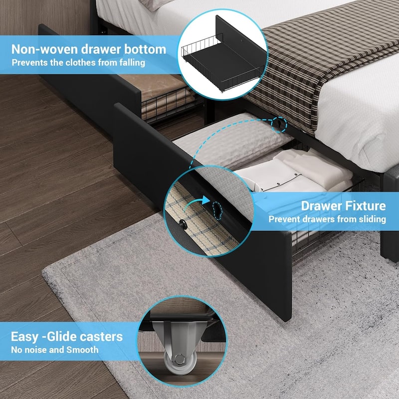 Bed Frame with 4 Storage Drawers1 USB /Type-C Charging Station
