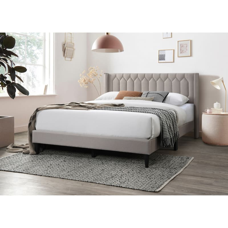 Queen Size Upholstered Platform Bed with Diamond Stitch Headboard and Modern Platform Design