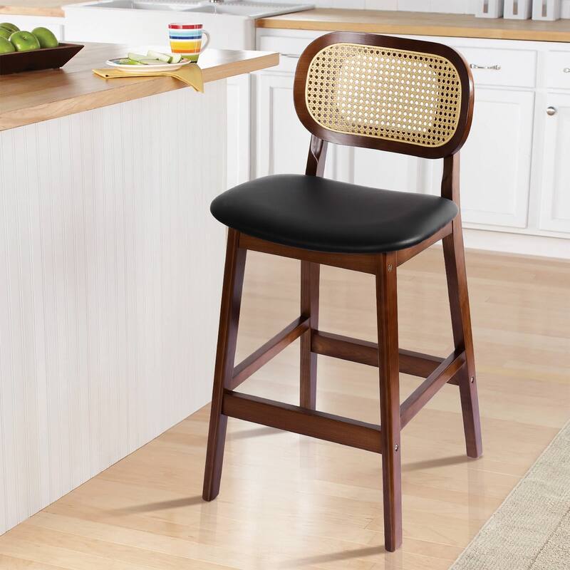 Wood Upholstered Counter Height Bar Stools with Rattan Back - 36.81"H x 17.72"W x 18.7"D