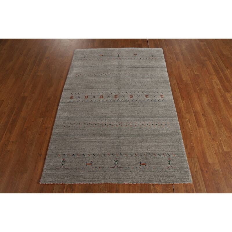 Hand Knotted Oriental 100% Wool Carpet Tribal Animal Pictorial Greys & Charcoal Gabbeh Area Rug - 5' 11'' X 3' 11''