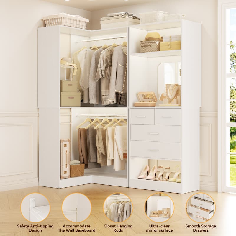 Cimly Set of 2 Corner Closet System WITH Drawers, Freestanding Closet Organizer with Hanging Rods and Shelves