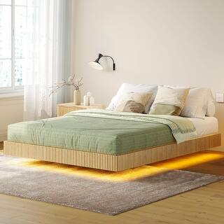 Natural Floating Bed Frame with LED Lights, Modern Fluted Oak Platform Bed Frame Floating