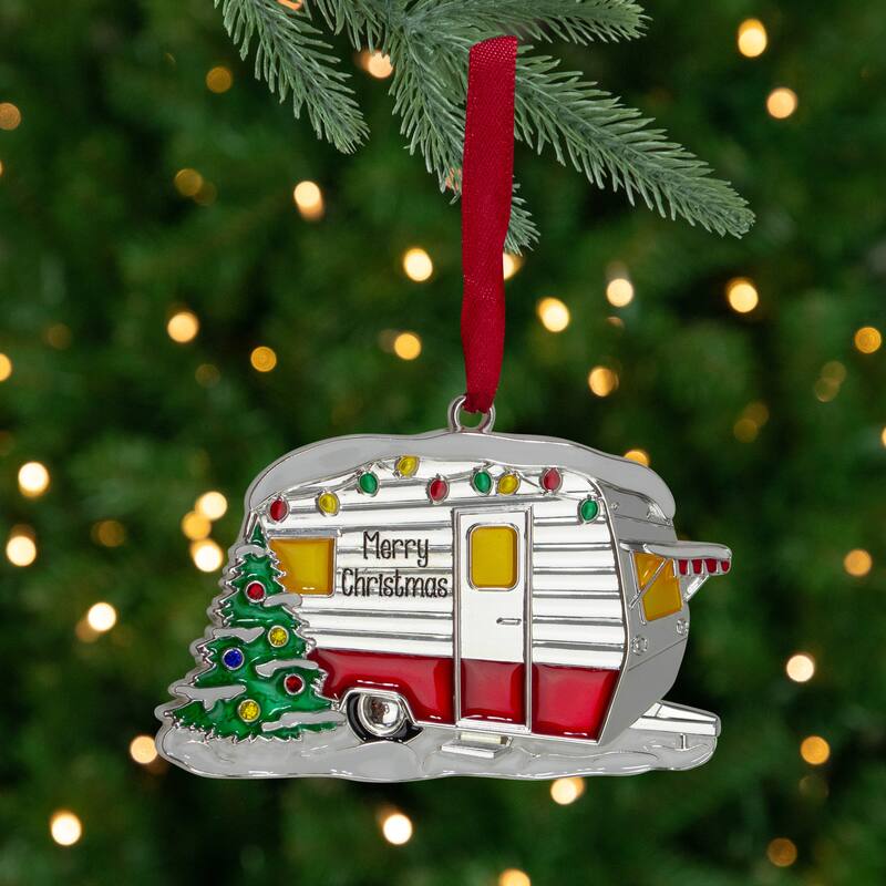 3.5" Silver Plated Camper with European Crystals Christmas Ornament