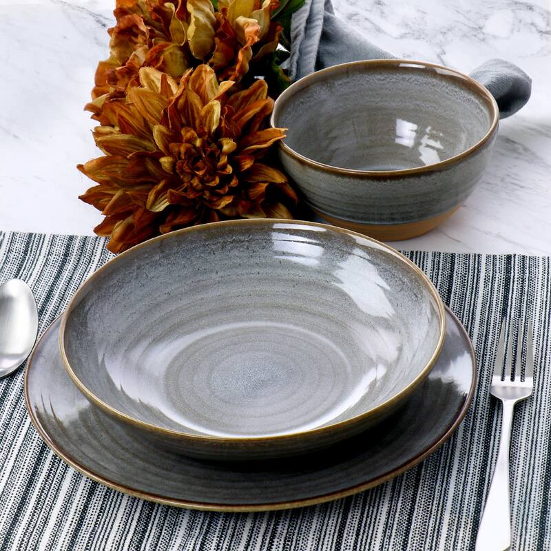 12 Piece Round Earthenware Dinnerware Set in Gray