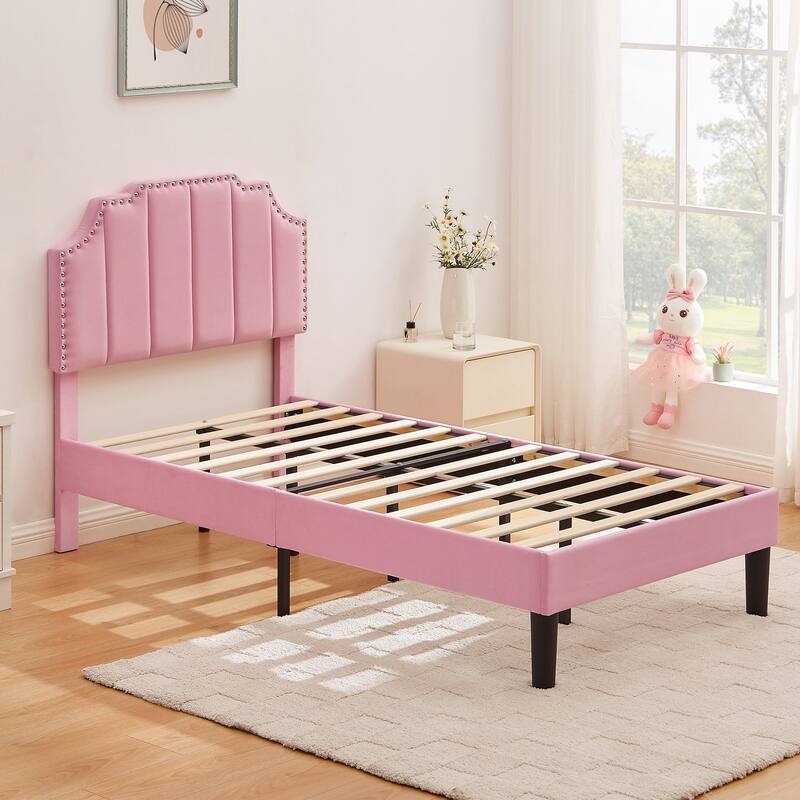 Javlergo Upholstered Platform Bed Frame with Nailhead Trimmed Adjustable Height Headboard, No Box Spring Needed