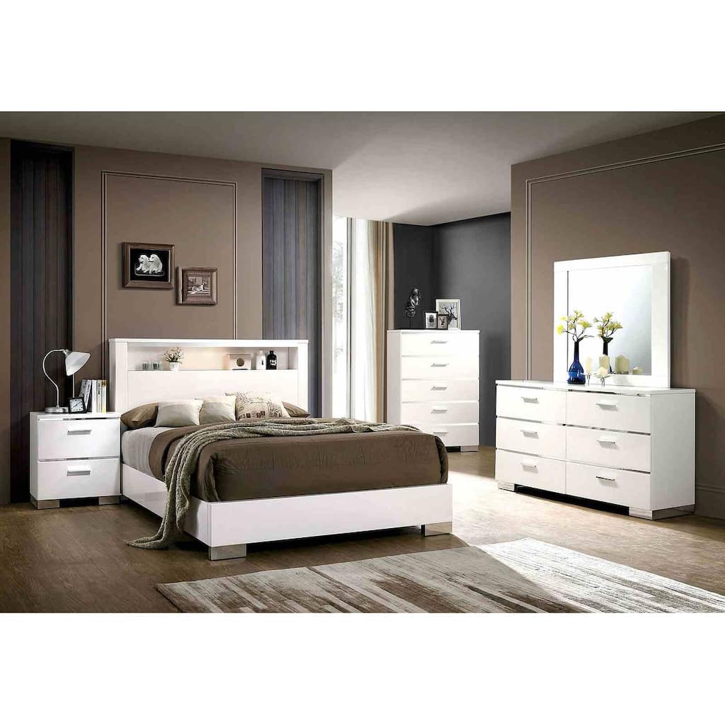 Contemporary White Bedroom Set Bed Nightstand Mirror Dresser Chest with LED Headboard