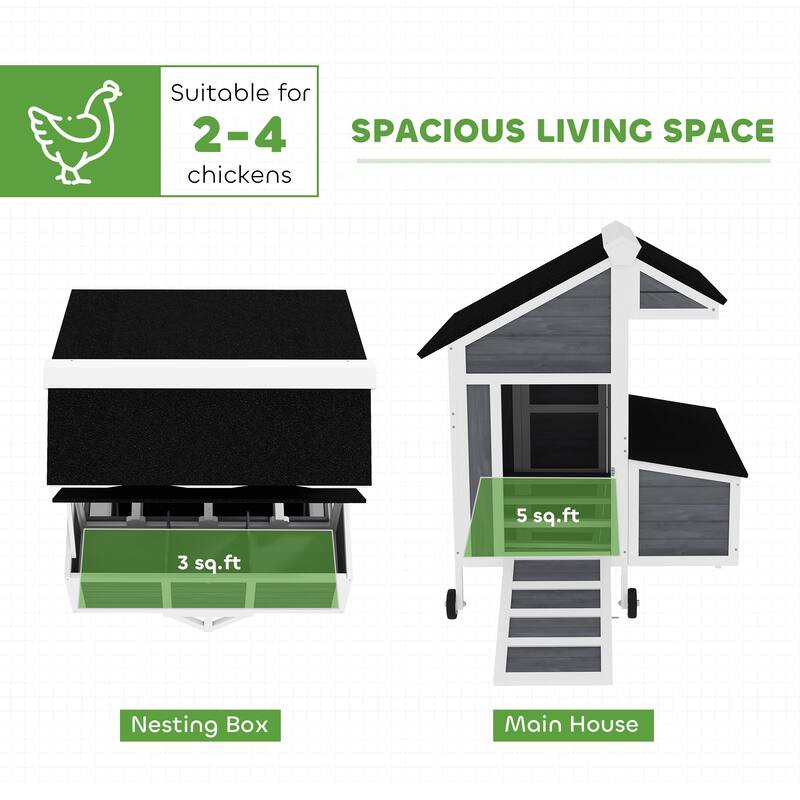 PawHut 43" Chicken Coop with Wheels, Mobile Chicken House with Nesting Box, Windows, Pull-out Tray, Perches