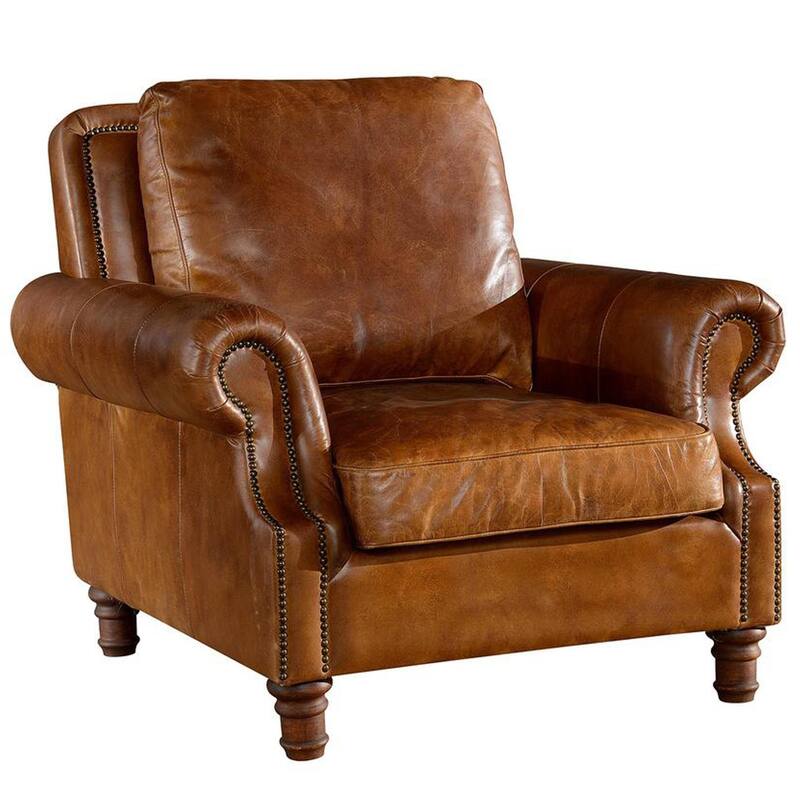 English Rolled Arm - Arm Chair - Leather - Light Brown