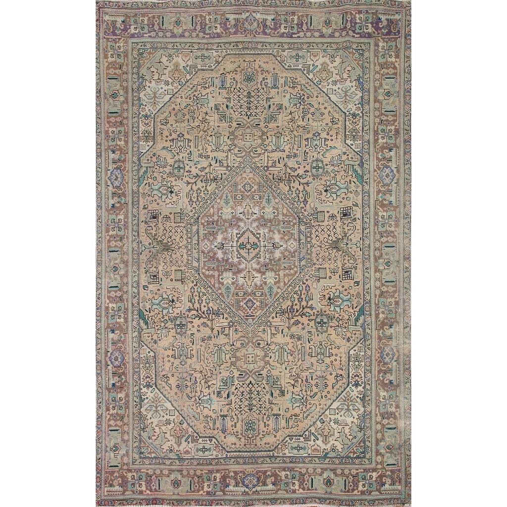 Pink Geometric Tabriz Persian Vintage Rug Hand-knotted Wool Carpet - 6'5" x 9'7"