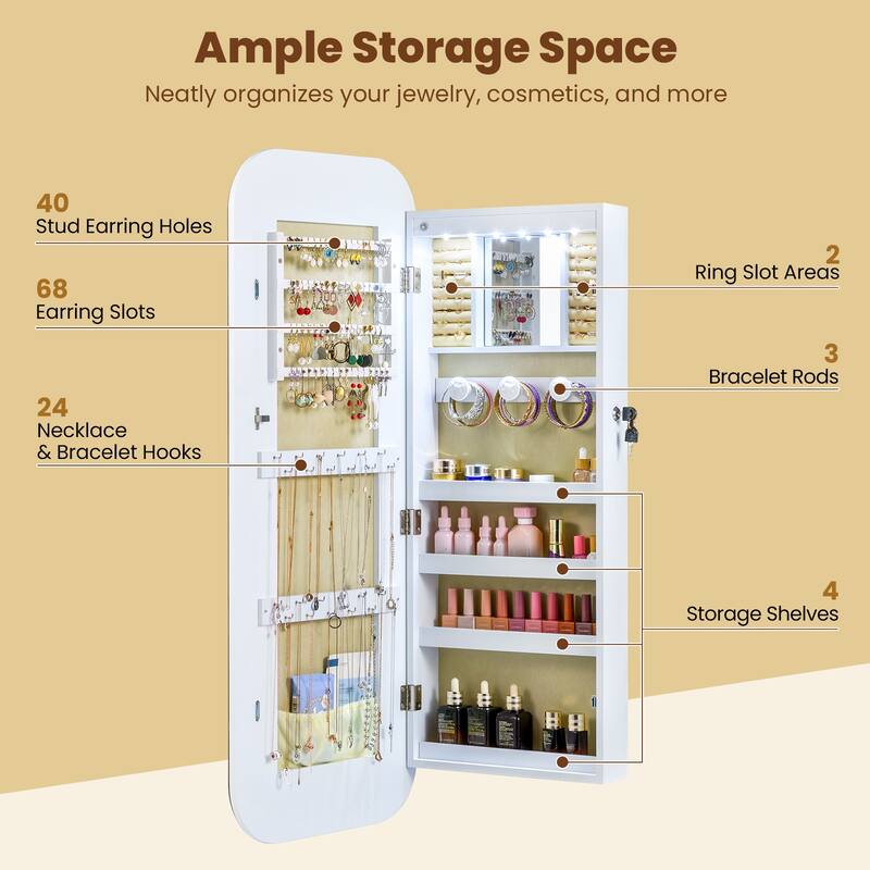 Wall Mounted or Door Hanging Jewelry Cabinet with LED Lights and Full-Length Mirror White - 16.5" x 10" x 42.5" (L x W x H)