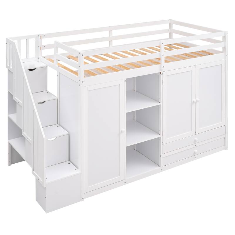 Twin Loft Bed with Wardrobes, Shelves, and Drawers, Space-Saving Design
