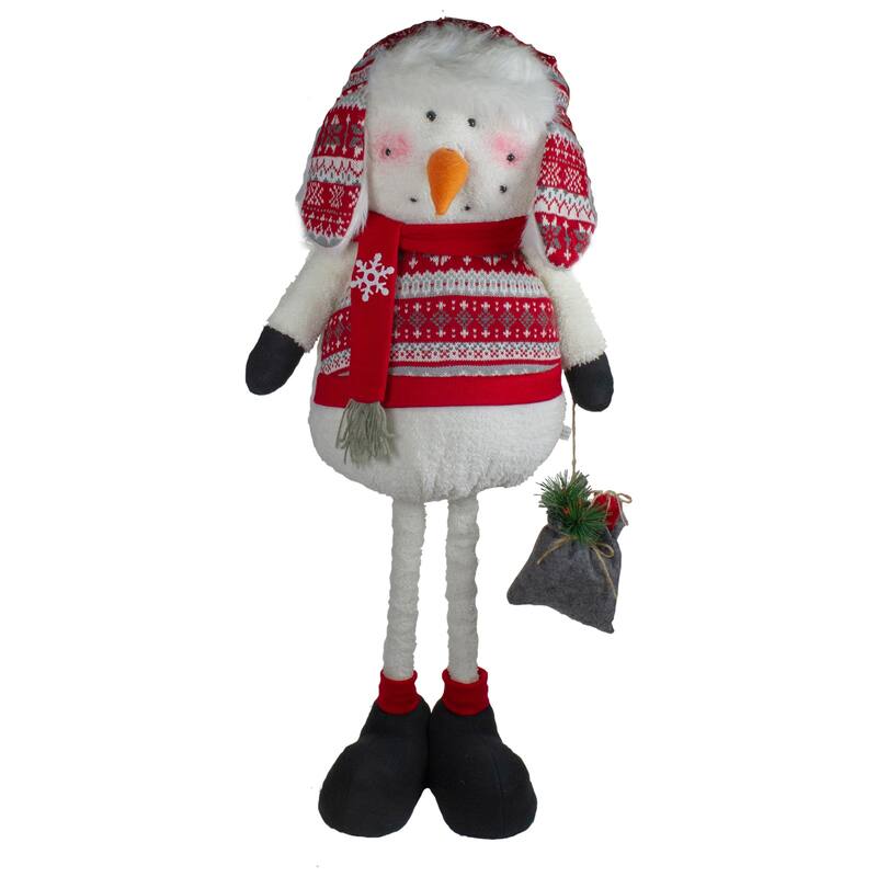 33-Inch Red, White, Gray Plush Christmas Snowman with Telescopic Legs