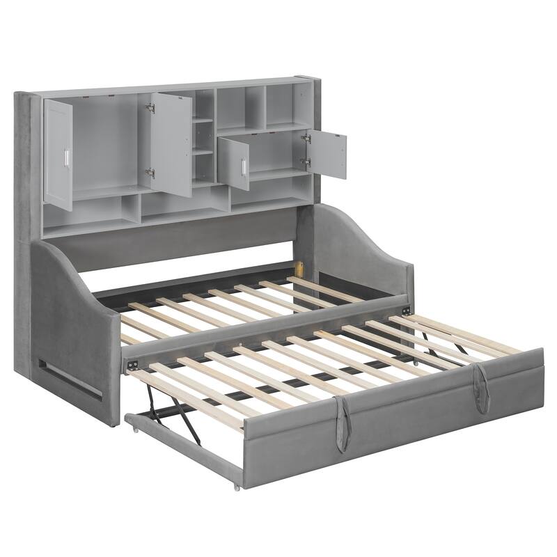 Twin Size Upholstered Daybed Sofa Bed with All-in-one Bookcase Storage Cabinets Shelves, Pull-out Lift-up Trundle, Arm Lights