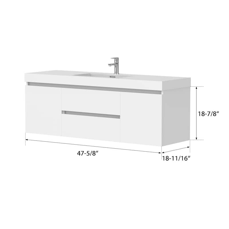 Vanity Art 48-Inch Single Sink Wall-Hung Bathroom Vanity Set White Stone Top Glossy Finish 2 Drawers 4 shelves
