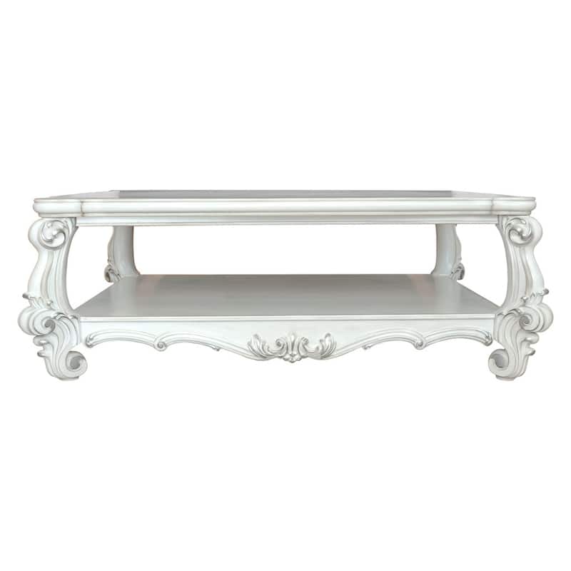 HomeRoots 57" White Wood Ornate Coffee Table With Shelf - 57' X '21' X '41