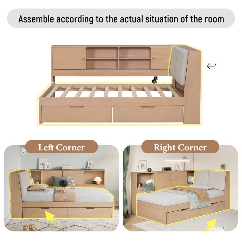 L-shaped Daybed Wooden Corner Sofa Bed Frame with Sliding Doors Bookcase Captains Bed, Upholstered Headboard Built-in Storage