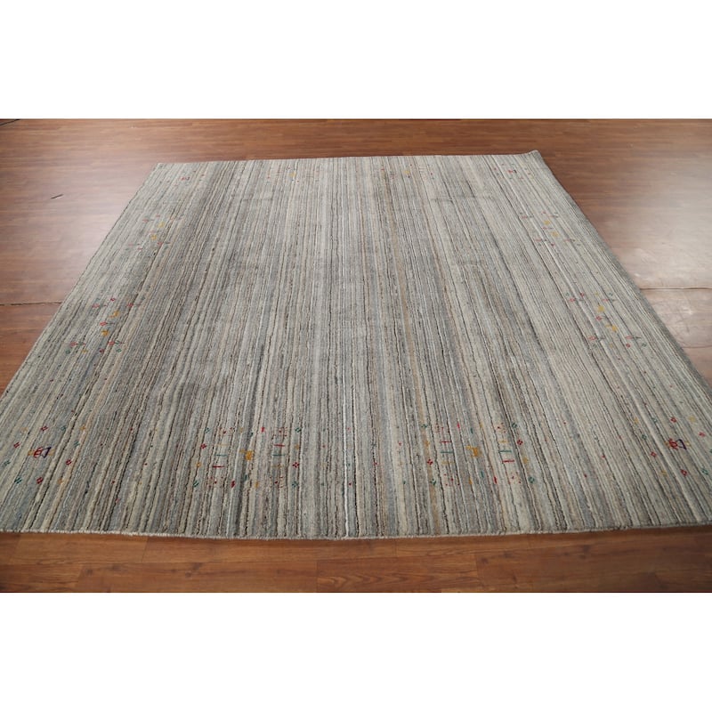 Striped Gabbeh Square Rug Hand-Knotted Gray Wool Carpet - 7'11"x 7'11"