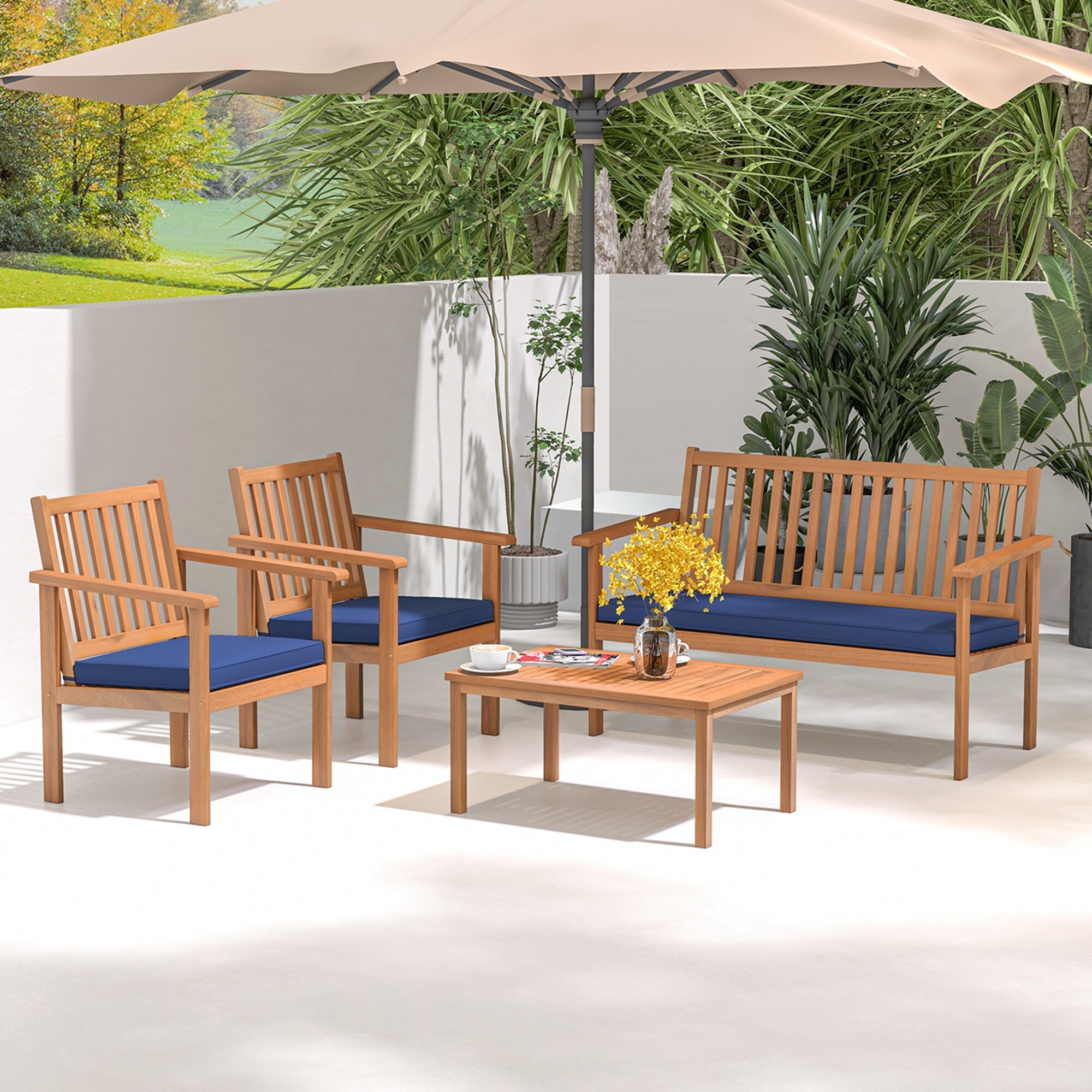 Costway 4 PCS Patio Wood Furniture Set with Loveseat, 2 Chairs & - See Details