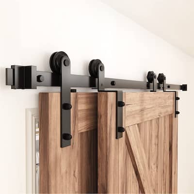 WINSOON 4-18FT Single Track Bypass Sliding Barn Door Hardware Kit for Double Doors I Style Rollers