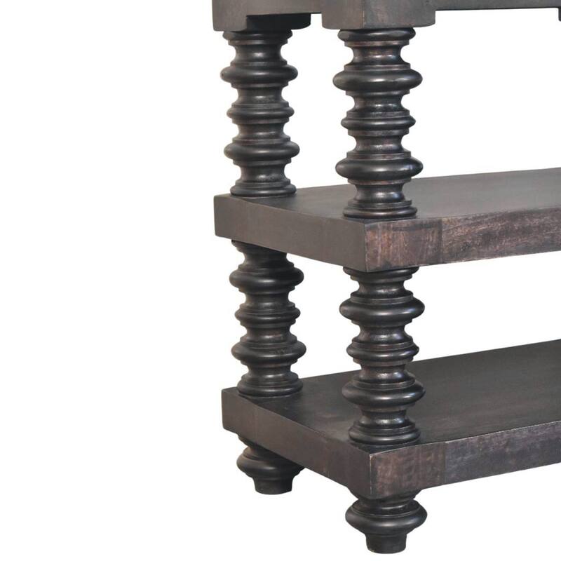 Artisan Furniture Solid Wood Spindle Shelf Console in Carbon Ash, Black with storage