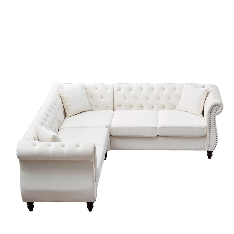 5-Seater Velvet L-Shaped Sectional Sofa with 3 Pillows and Wood Frame