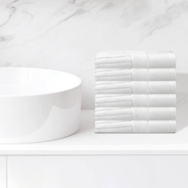 Striped Cotton Washcloths, Comfort 6 Pack Face Towels, Absorbent Towels for Hotel, Spa, Bathroom 13" x 13" - White