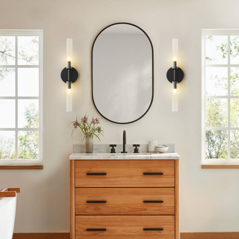2-Light Mid-Century Modern Brushed Gold/Matte Black Finish Linear Vanity Light with Clear Striped Glass for Bathroom