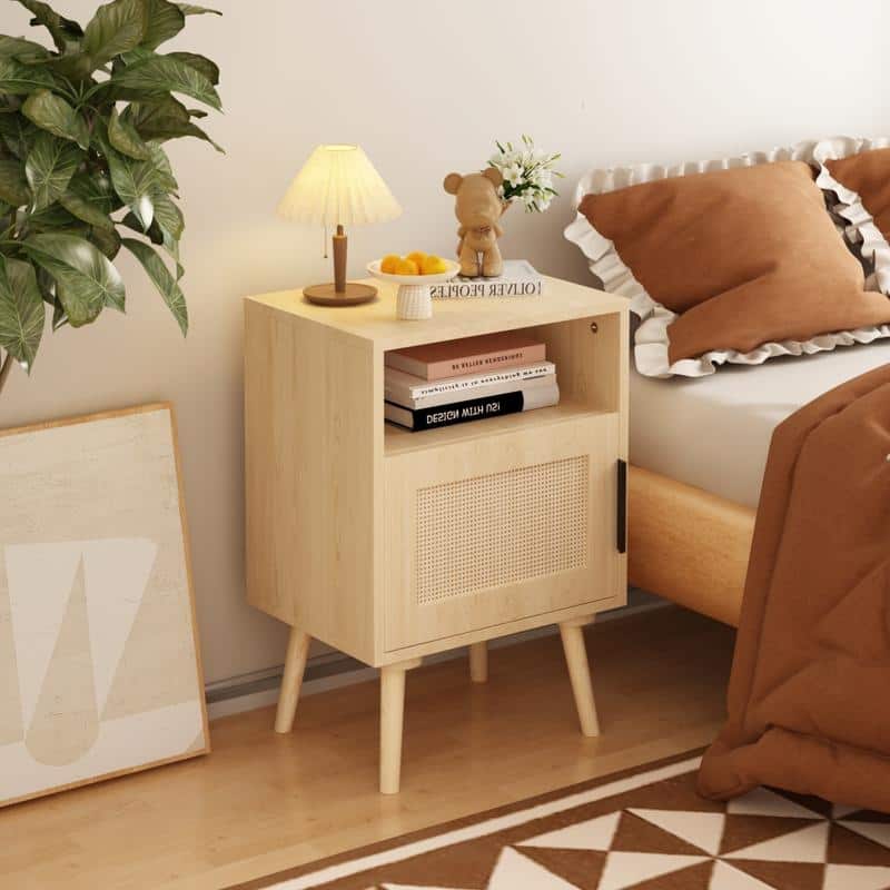 22.83" Solid Wood & Rattan Nightstand with Door, Shelf - Oak Finish Bedside End Table for Small Spaces