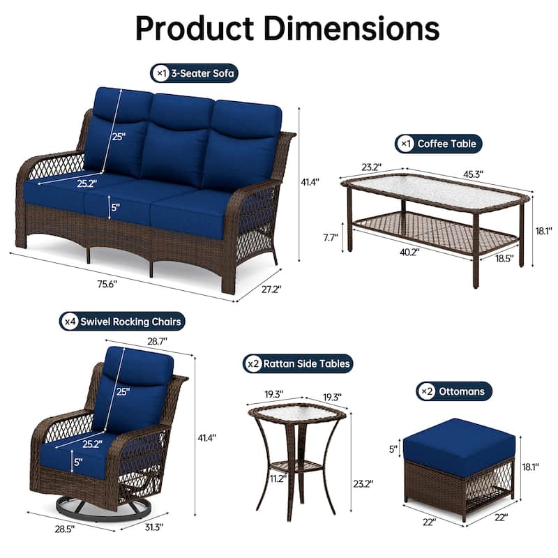 High Back Outdoor Swivel Rocker Patio Chairs Set of 2 with 5-Inch Thick Cushions and Side Table for Porch, Poolside