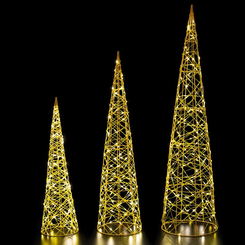 3 LED Twinkle Lighted Gold Mesh Cone Trees Christmas Decors 39.5"