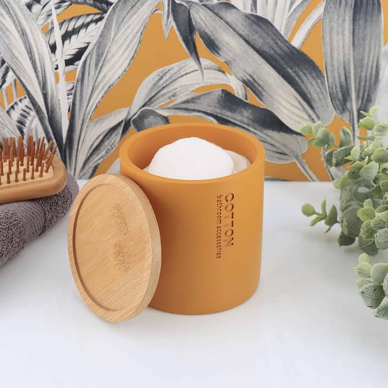 Sleek Cotton Pad Holder - Polyresin Bathroom Storage Container with Bamboo Lid - 4 L x 4 W x 4.6H - Mustard Yellow