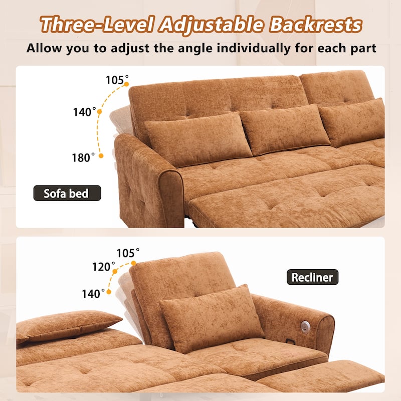 82" 2-in-1 Orange Chenille Three-seater Sofa with Sofa Bed, Reversible Recliner & USB Ports