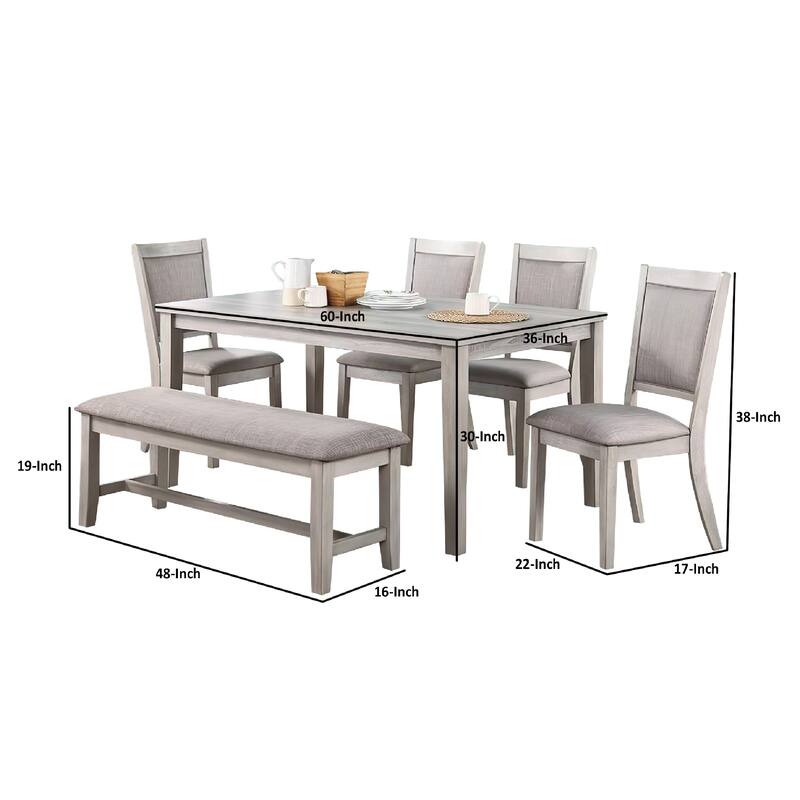 Modern 6 Piece Dining Set with Table, 4 Chairs and Bench, Plush Seats, Gray