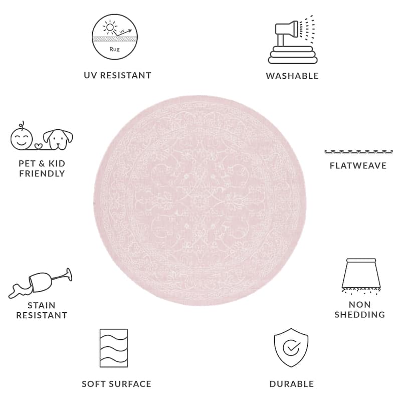 SAFAVIEH Courtyard Hasina Indoor /Outdoor Waterproof Patio Backyard Rug - 6'7" Round - Soft Pink/Ivory