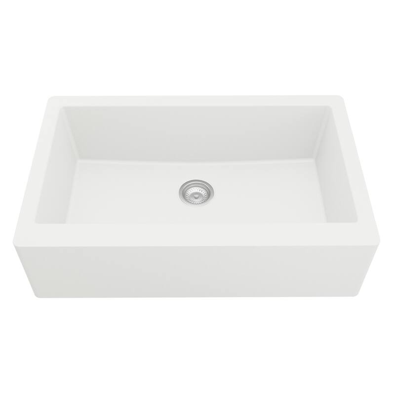 Karran All-in-One Apron Front/Farmhouse Quartz 34-in Single Bowl Kitchen Sink in White with Faucet KKF210 in Matte Black