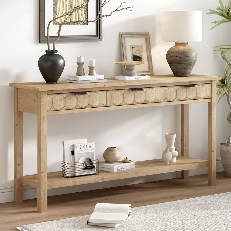 Entryway Table with Honeycomb-patterned Fronts,Modern Stylish Console Table with 3 Drawers and Solid Fir legs - Natural