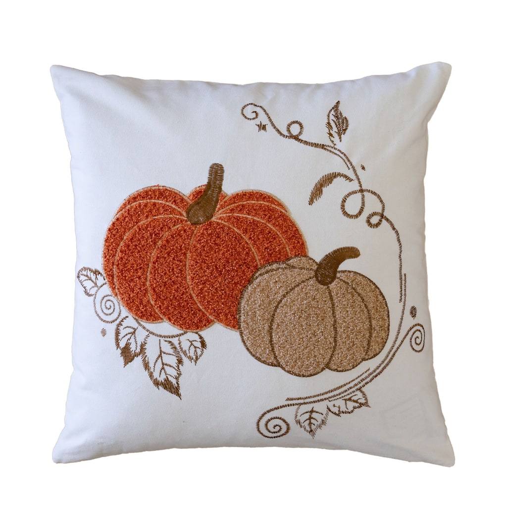 Pumpkin Embroidered Cotton Throw Pillow - Autumn Harvest Accent Cushion Set of 2