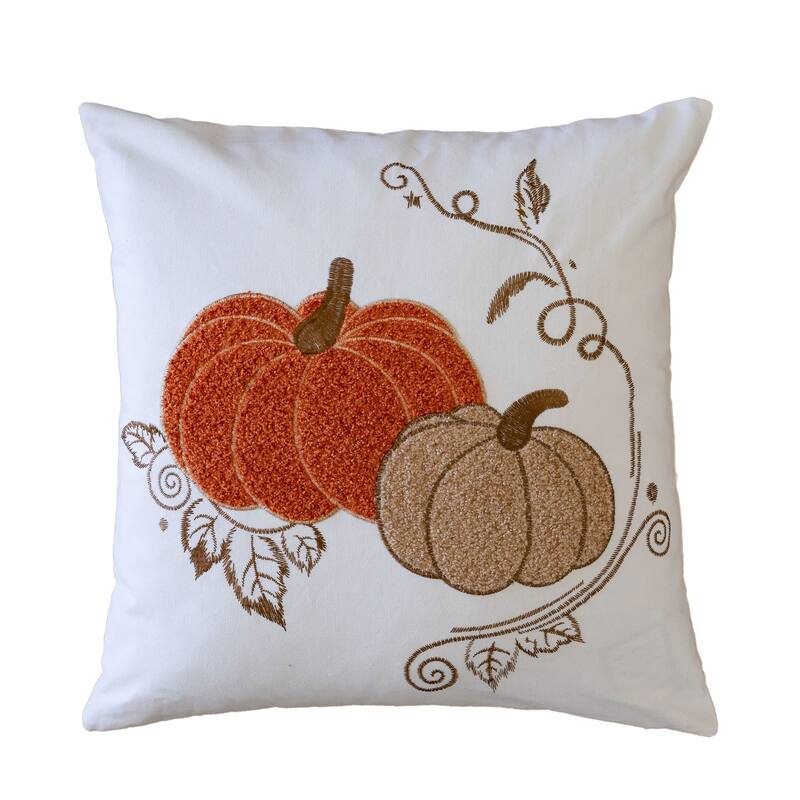 Pumpkin Embroidered Cotton Throw Pillow - Autumn Harvest Accent Cushion - Rust
