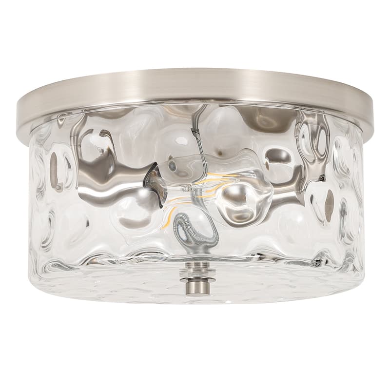2-Light Flush Mount Ceiling Light with Clear Hammered Glass - N/A - Brushed Nickel