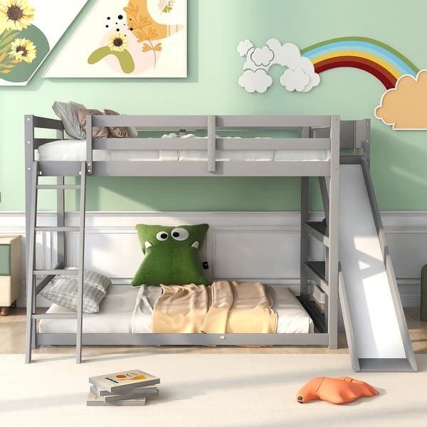 slide 2 of 30, Grey Full Over Full Bunk Bed with Slide and Shelves, Safe and Space-Saving Design Grey