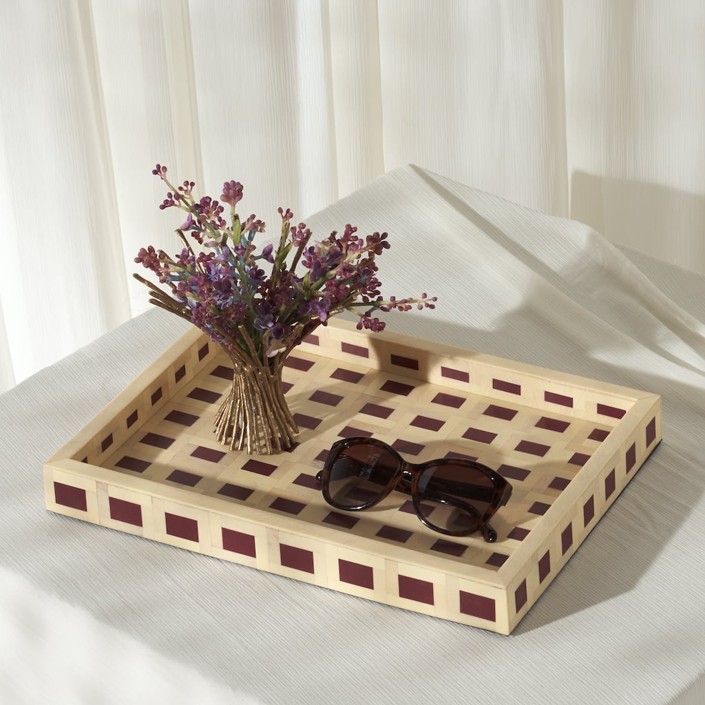 SAFAVIEH Home Sati Muted Yellow/Burgundy Resin 14.2"W x 10"D x 1.5"H Rectangle Tray - 14.2" W x 10" D x 1.5" H