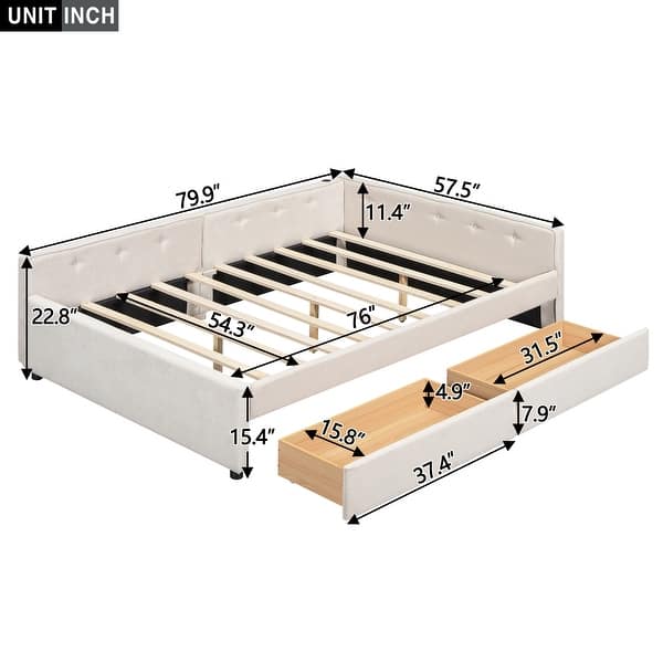Modern Full Size Upholstered Platform Bed Daybed with USB and 2 Drawers