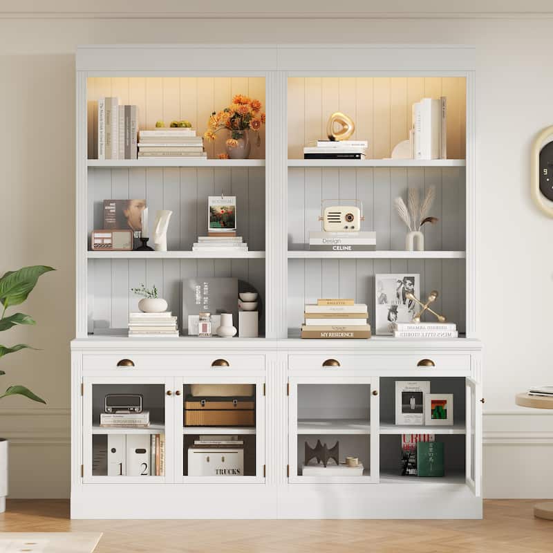 83.4" Modern Bookshelf Suite with LED Lights, Glass Doors, Drawers & Open Shelves, 2-Piece Storage Bookcase Set for Home Office