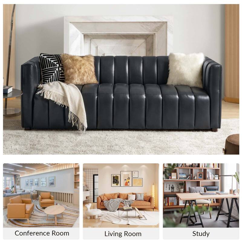 Olinto Modern 83-Inch Genuine Leather Curved Couch Sofa with Channel Back by HULALA HOME