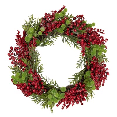 Red Berry and Frosted Pine Christmas Wreath 28-Inch Unlit - 28"